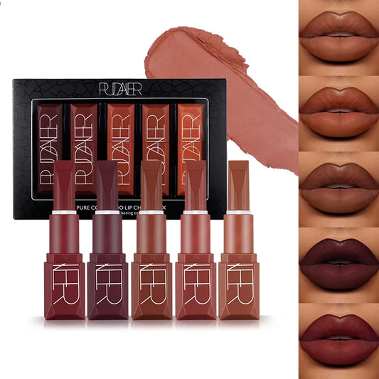 Pudaier Kit de Batom Velvet Matte – 5 Peças para um Look Perfeito!